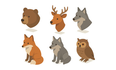 Wildlife collection in cute isometric design featuring forest animals