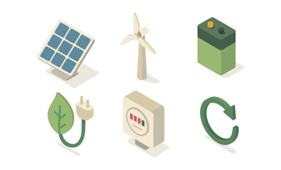 Sustainable energy icons: solar, wind, battery, leaf with plug, meter, recycle symbol