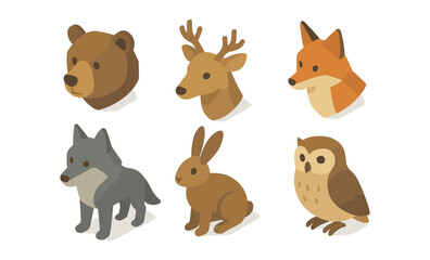 Isometric animal figures collection featuring bear, deer, fox, wolf, rabbit, owl