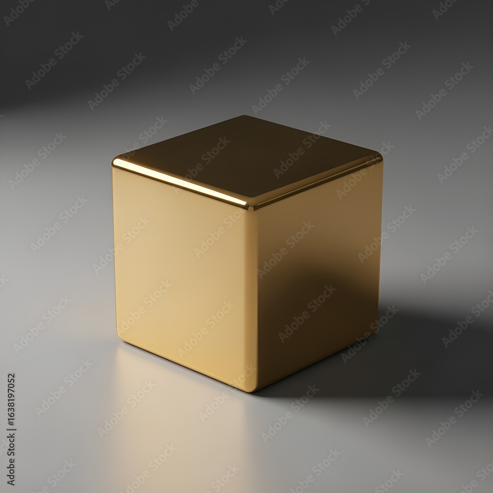 Poster golden cube on a neutral surface, representing value and stability.