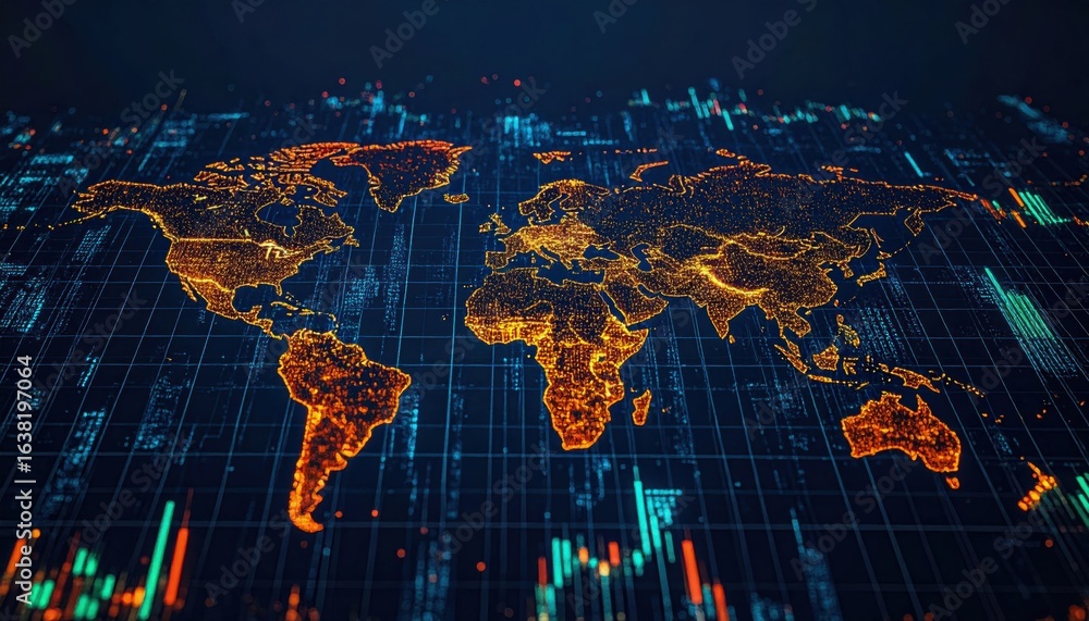 Aufkleber a digital world map with glowing orange outlines on a dark background, overlaid with data charts and
