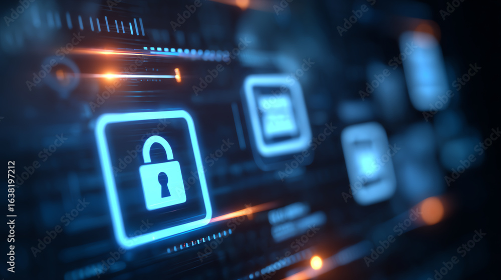 Poster a close-up of a digital interface featuring lock icons and secure data symbols showcasing cybersecur