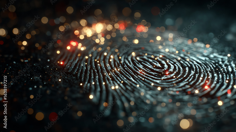 Poster a close-up of a digital fingerprint surrounded by sparkling lights, representing security and identi
