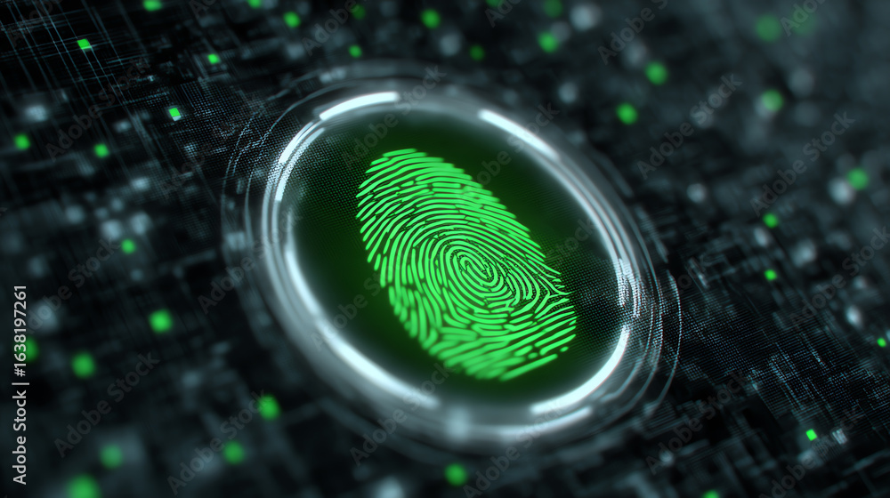 Poster a close-up of a green digital fingerprint on a futuristic background, symbolizing authentication and