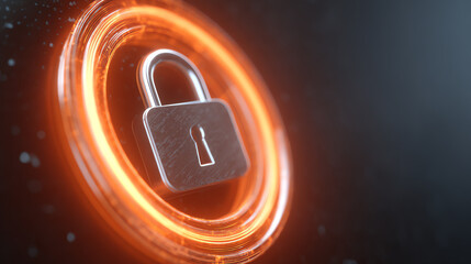 A close-up of a digital lock icon illuminated by an orange glow, symbolizing security and protection in the digital age.
