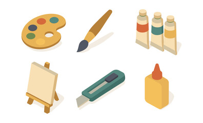 Isometric art supplies: palette, easel, paint tubes, brush, cutter, glue