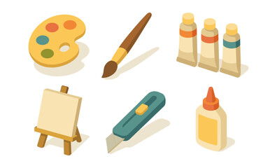 Creative art set with palette, brush, canvas, and tools in isometric style