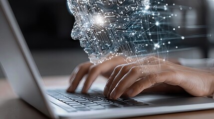 A person types on a laptop with an AI head graphic overlay, symbolizing interaction with a virtual assistant.
