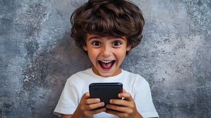 Fototapeta premium Photograph of a young boy with wide eyes and a big smile, holding a smartphone against a textured gray background.