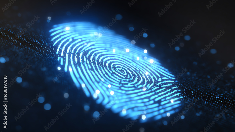 Poster a close-up view of a glowing digital fingerprint, symbolizing security and identity verification in 