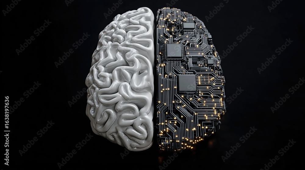 Poster half human brain and half circuit board merge into one, representing the fusion of organic and artif