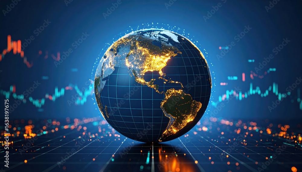 Aufkleber a digital globe with glowing continents, surrounded by data charts and a futuristic grid.