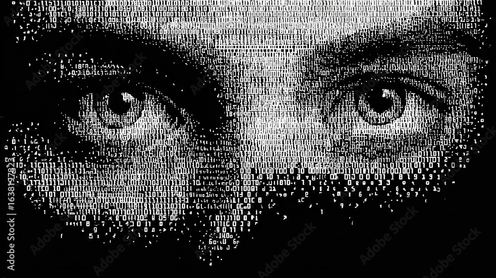 Aufkleber binary coding symbols form a human figure with striking eyes, merging technology and identity.