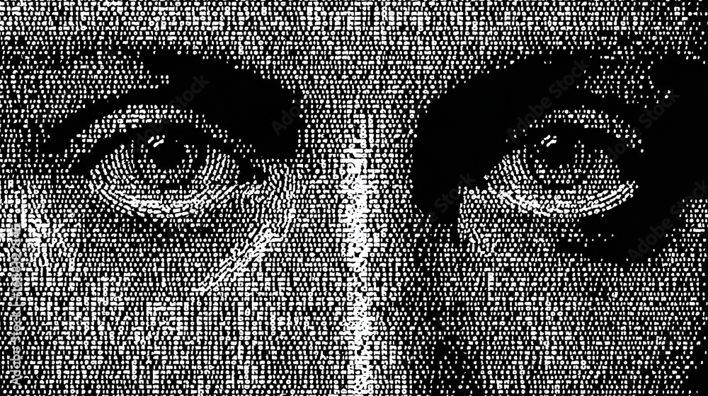 Aufkleber binary coding symbols form a human figure with striking eyes, merging technology and identity.
