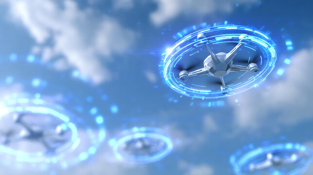A collection of futuristic drones flying among clouds, showcasing advanced technology and innovation in aerial designs.