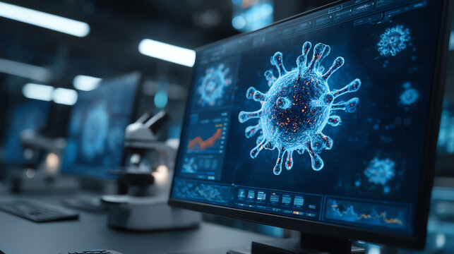 A computer screen displaying a digital representation of a virus, highlighting its structure and data analytics.