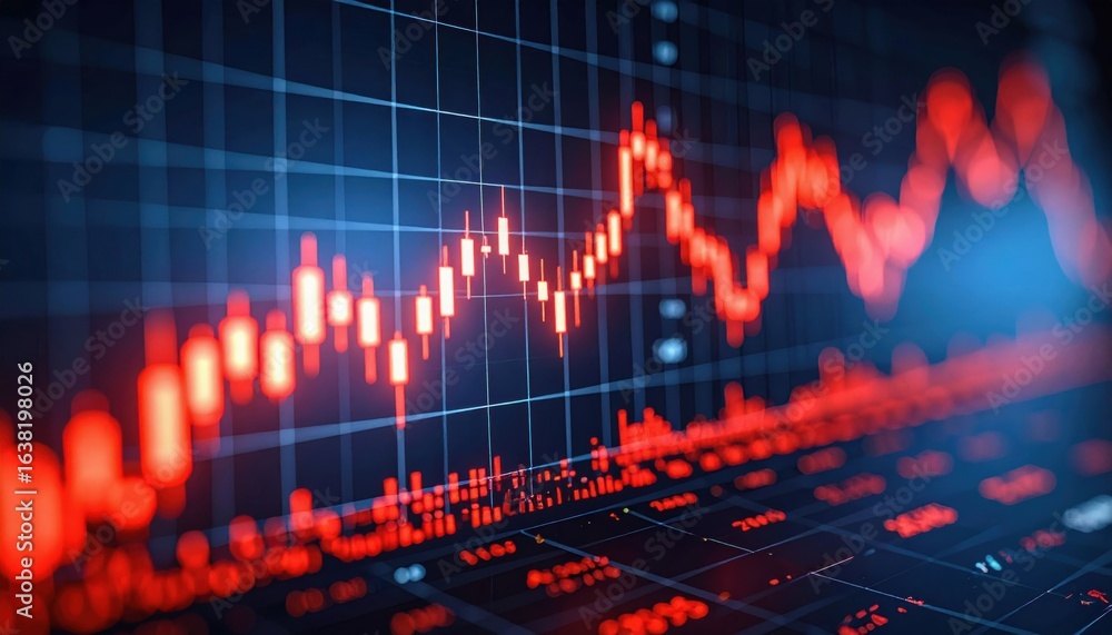 Poster a dynamic financial chart with red candlesticks and data points, showing market trends and analysis.