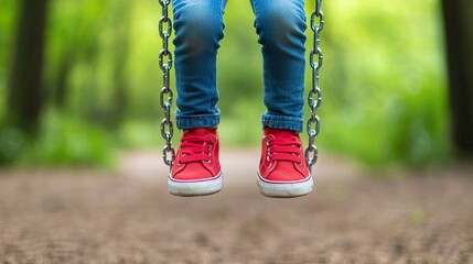A child perspective from beneath a swing, looking up at the seat and chains, unique angle