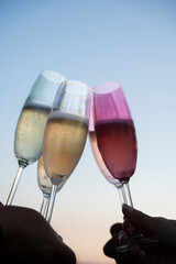 Champagne flutes are raised in a toast as friends gather at sunset, enjoying sparkling drinks and each other's company against a vibrant evening sky.