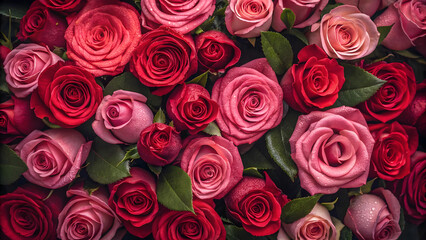 Obraz premium A close-up, overhead view of a lush bed of red and pink roses in full bloom, showcasing their intricate petals and vibrant colors.