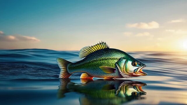 Largemouth Bass Jumping on the Surface of the Ocean at Sunset