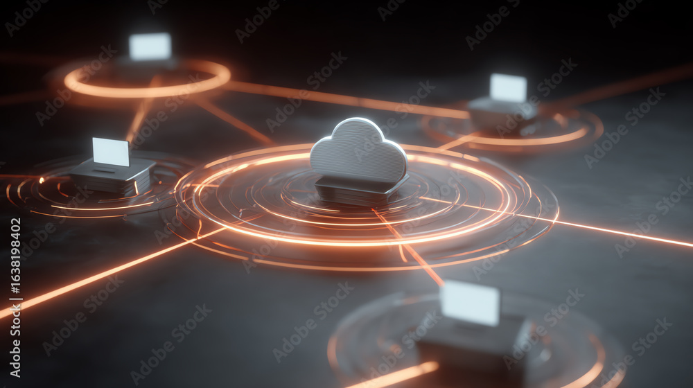 Poster a digital illustration of cloud computing, showcasing network connections and data transfer in a mod