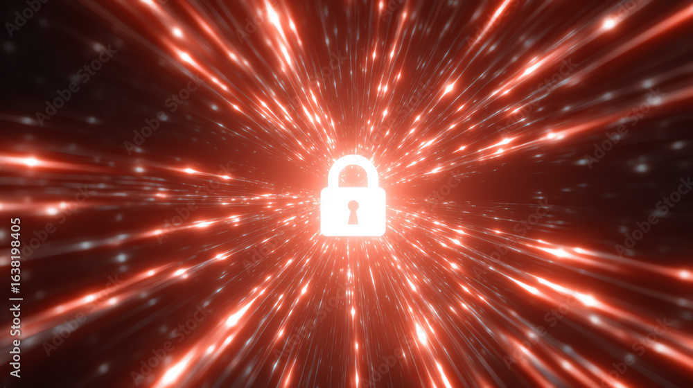 Poster a digital lock emerges from a vortex of red light, symbolizing cybersecurity and data protection in 