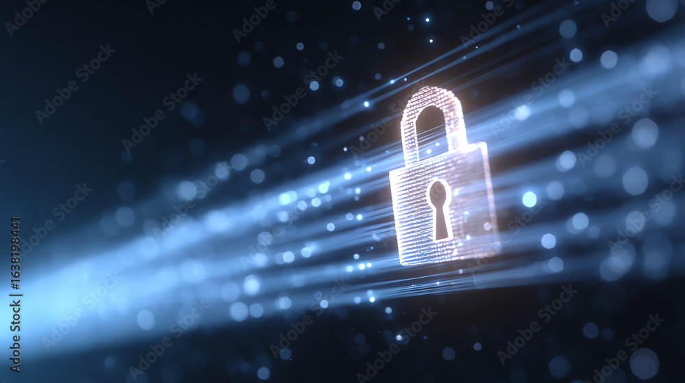 Poster a digital padlock symbolizing cybersecurity, illuminated by a stream of light particles, representin
