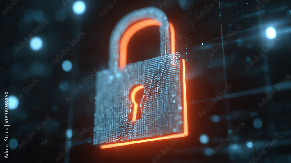 Poster a digital representation of a secure lock symbol against a background of data, symbolizing cybersecu