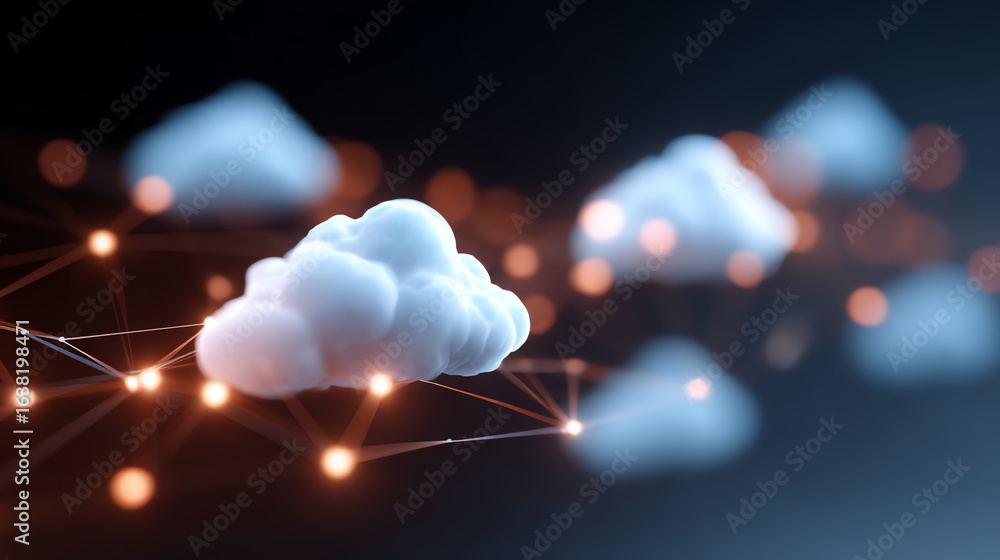Poster a digital representation of clouds connected by networking lines, symbolizing cloud computing and mo