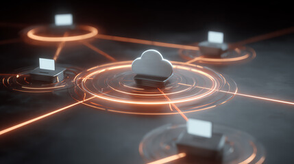 A digital illustration of cloud computing, showcasing network connections and data transfer in a modern tech environment.