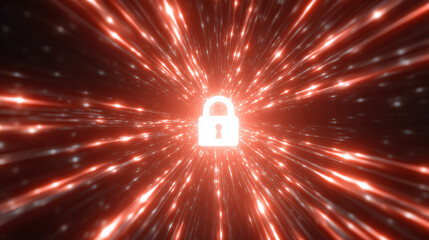 A digital lock emerges from a vortex of red light, symbolizing cybersecurity and data protection in a modern landscape.
