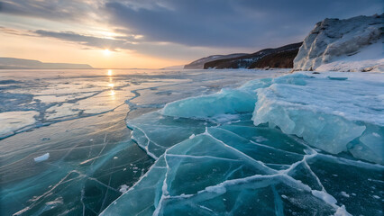 Stunning sunset over a vast frozen lake with intricate cracks and blue ice formations.