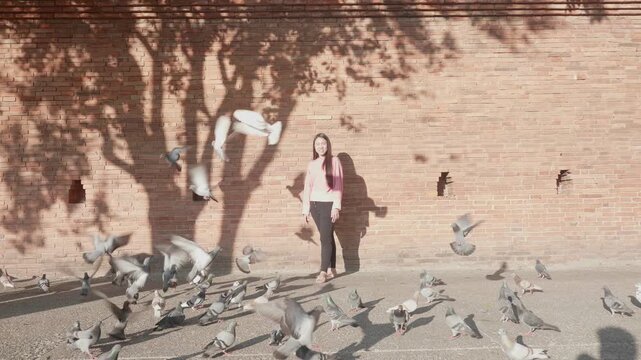 A young woman stands amidst a flock of pigeons, with a shadow of a tree creating an artistic backdrop on a brick wall. The scene captures a serene moment in nature and urban life, highlighting the bea