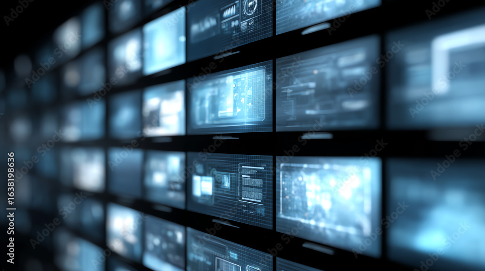 Poster a dynamic wall of screens displaying various data and analytics, symbolizing digital innovation and 