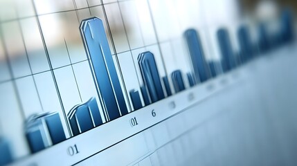 3D render of a blue skyscraper bar graph with a blurred background.