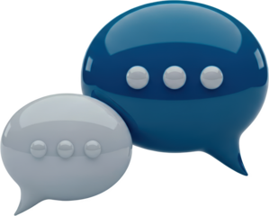 Two glossy speech bubbles one blue and one white with dots indicating ongoing conversation communication transparent background