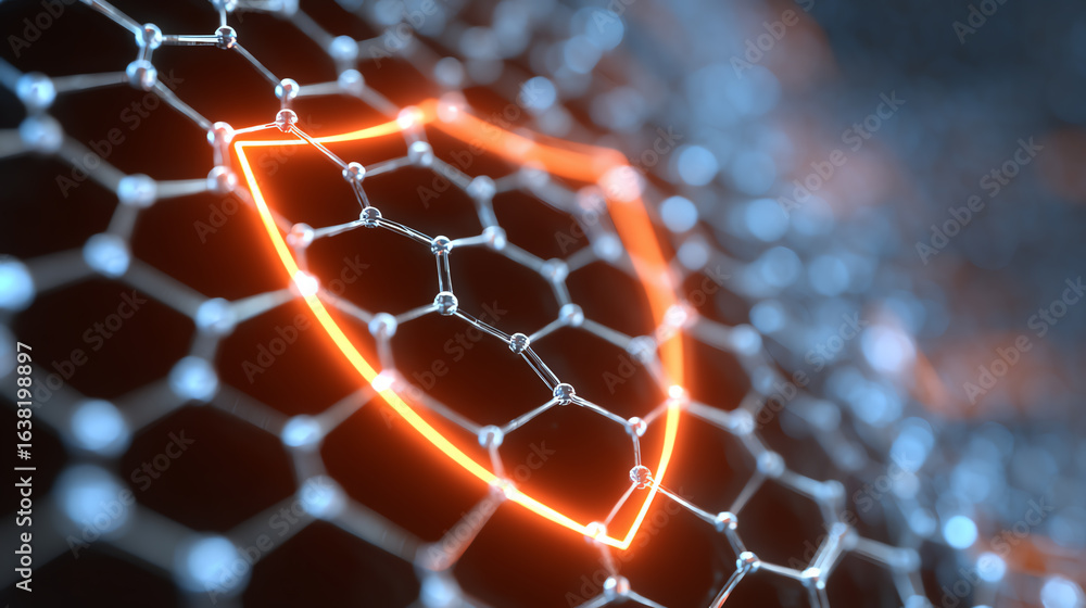 Poster a futuristic abstract representation of a shield symbol within a hexagonal mesh, illustrating concep