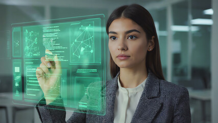 A focused woman interacting with a futuristic holographic display, showcasing advanced technology and digital innovation.