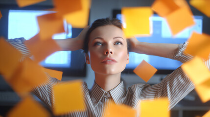 A focused woman surrounded by floating sticky notes, representing creativity and brainstorming in a modern workspace.