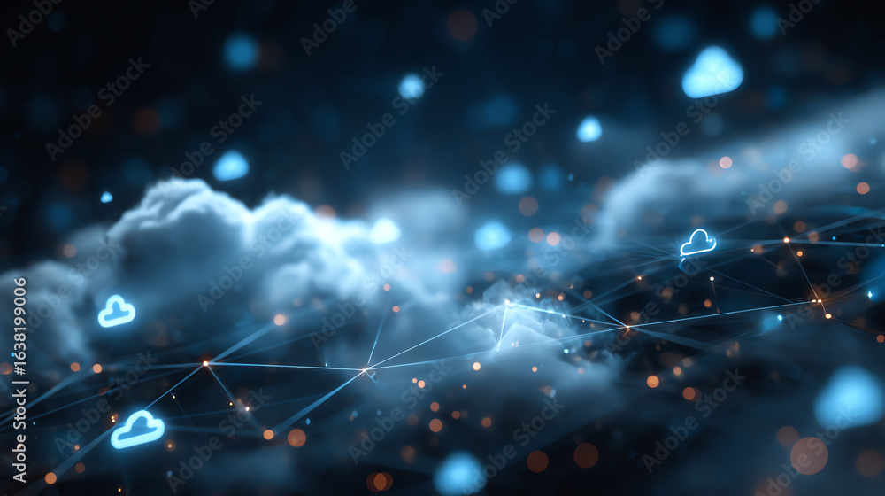 Poster a futuristic digital cloud network design with glowing lights and abstract elements representing con