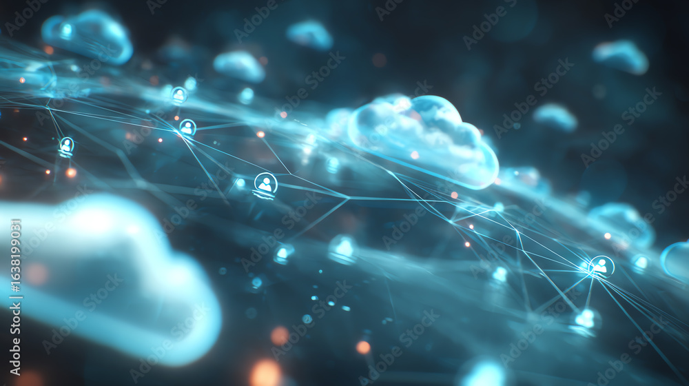 Poster a futuristic digital network featuring glowing clouds and connections, symbolizing cloud computing a