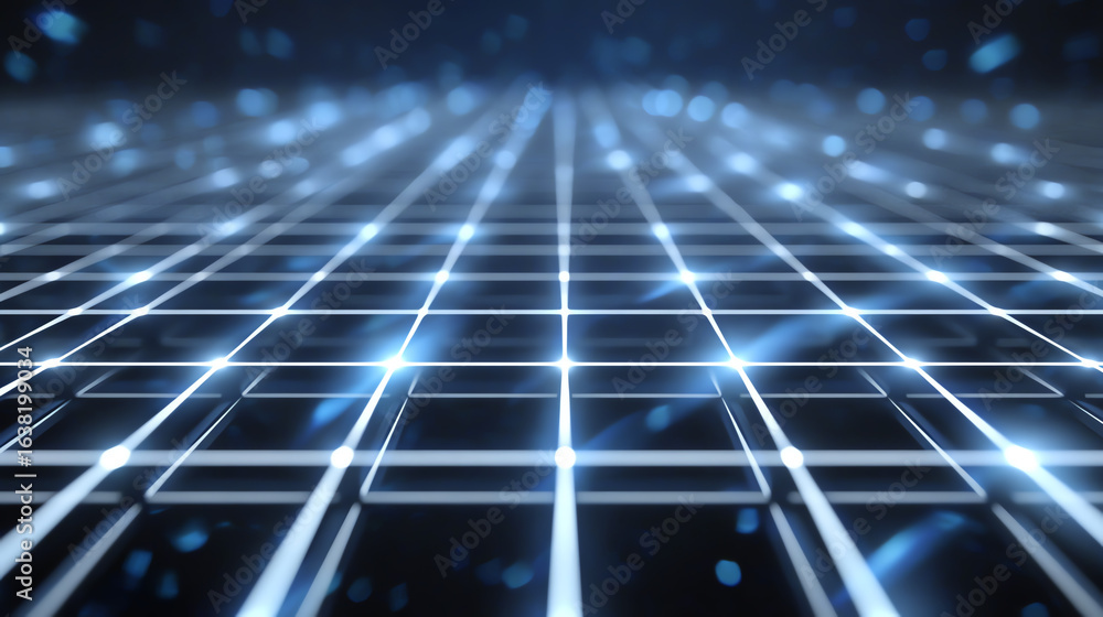 Poster a futuristic grid design with glowing lights creating a mesmerizing digital landscape for tech-relat