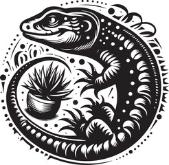 Stylized Black and White Lizard with Plant Design