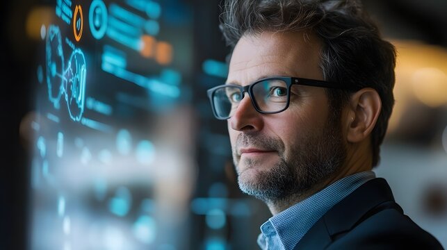 Photograph of a businessman intently observing complex digital data visualizations in a dimly lit office. - Powered by Adobe