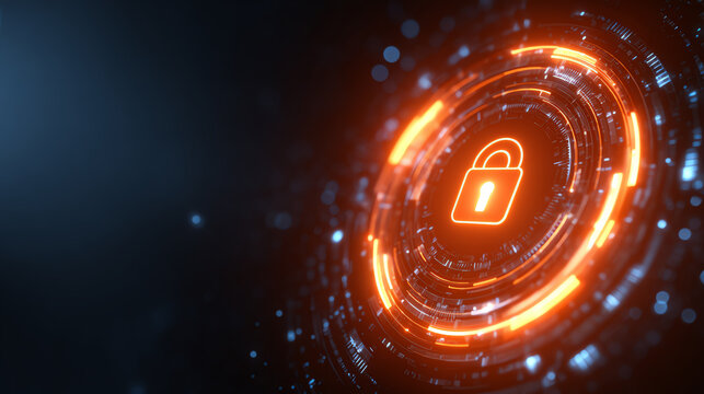 A futuristic digital lock symbol glowing in orange, representing security and data protection in the digital age.