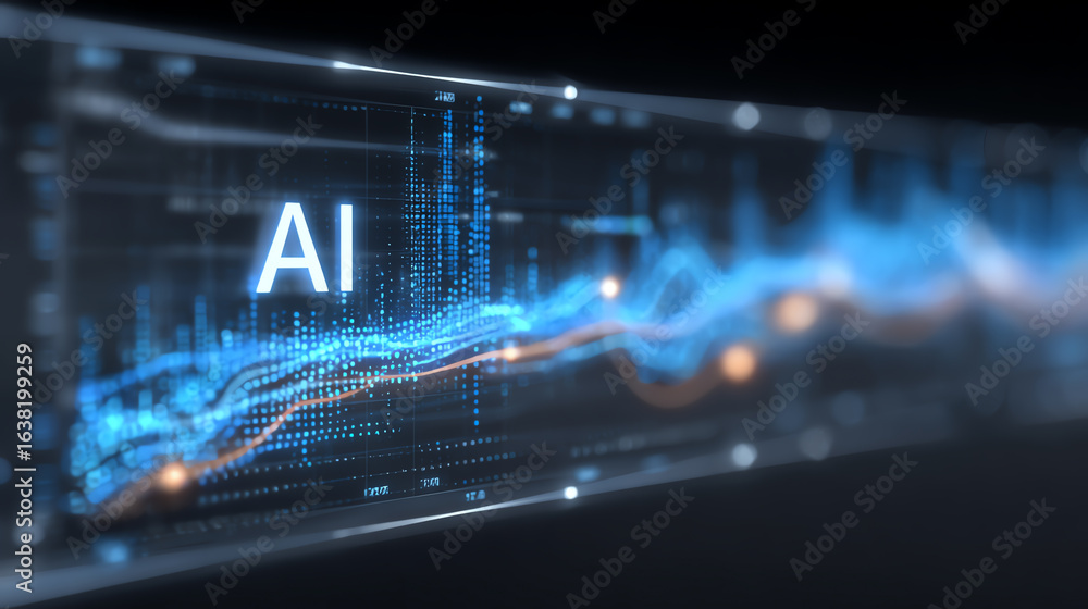 Poster a futuristic visual representation of artificial intelligence, showcasing data flows and digital tre
