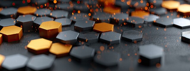Abstract geometric pattern of dark gray and golden hexagons