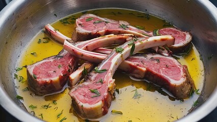 Sizzling lamb chops marinating in herb-infused oil with a rich, savory flavor profile before cooking