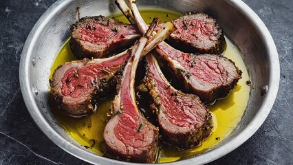 Juicy rack of lamb marinated in herbs served in a silver pan with olive oil and garlic, ready to enjoy at a gourmet dinner